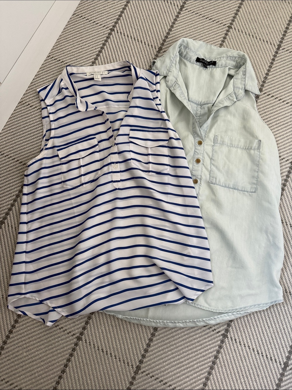 Striped Sleeveless Blouse & Light Chambray Shirt - Blue & Light Blue